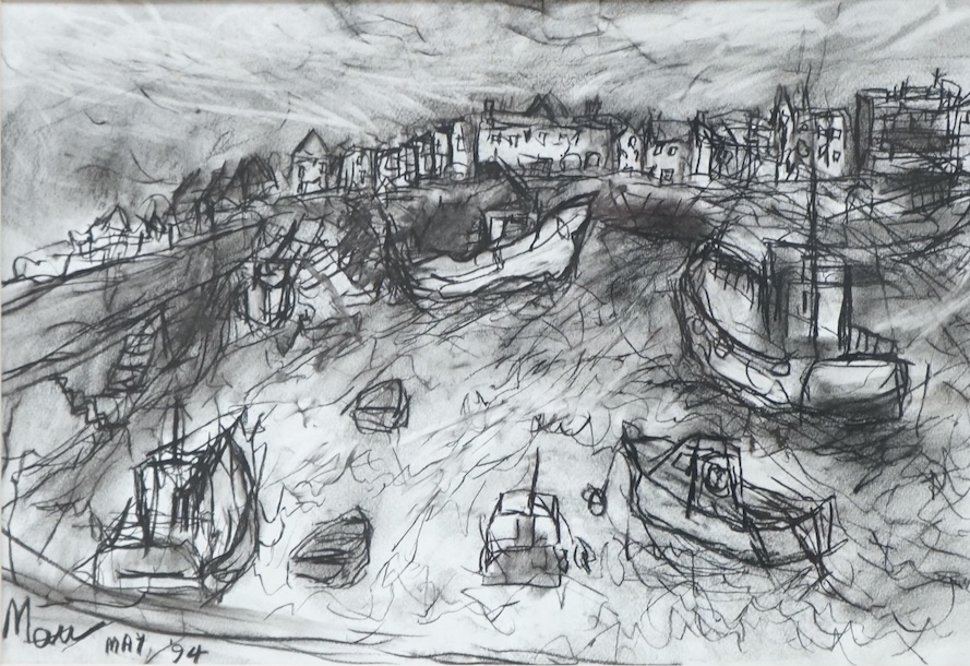 Leslie Marr (1920-2021), ‘Quiberon harbour, 1994’, signed and dated, details vero, conte crayon on paper, 35 x 50cm